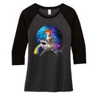 Funny Cat Riding Shark Puking Rainbow Galaxy Space Humor Pun Ank Op Women's Tri-Blend 3/4-Sleeve Raglan Shirt