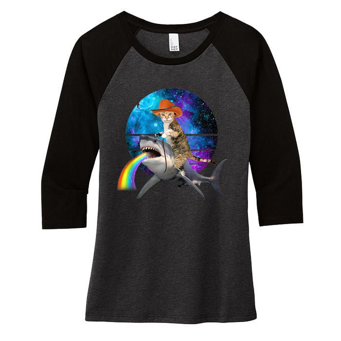 Funny Cat Riding Shark Puking Rainbow Galaxy Space Humor Pun Ank Op Women's Tri-Blend 3/4-Sleeve Raglan Shirt