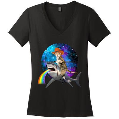 Funny Cat Riding Shark Puking Rainbow Galaxy Space Humor Pun Ank Op Women's V-Neck T-Shirt