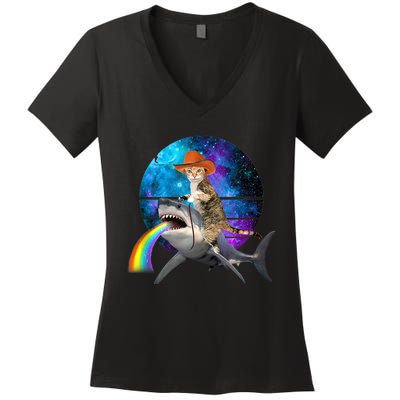 Funny Cat Riding Shark Puking Rainbow Galaxy Space Humor Pun Ank Op Women's V-Neck T-Shirt