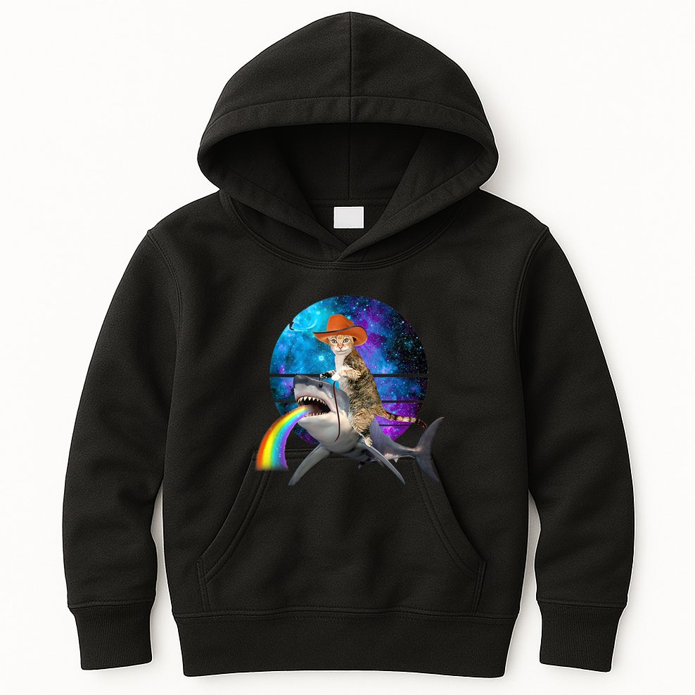 Funny Cat Riding Shark Puking Rainbow Galaxy Space Humor Pun Ank Op Kids Hoodie