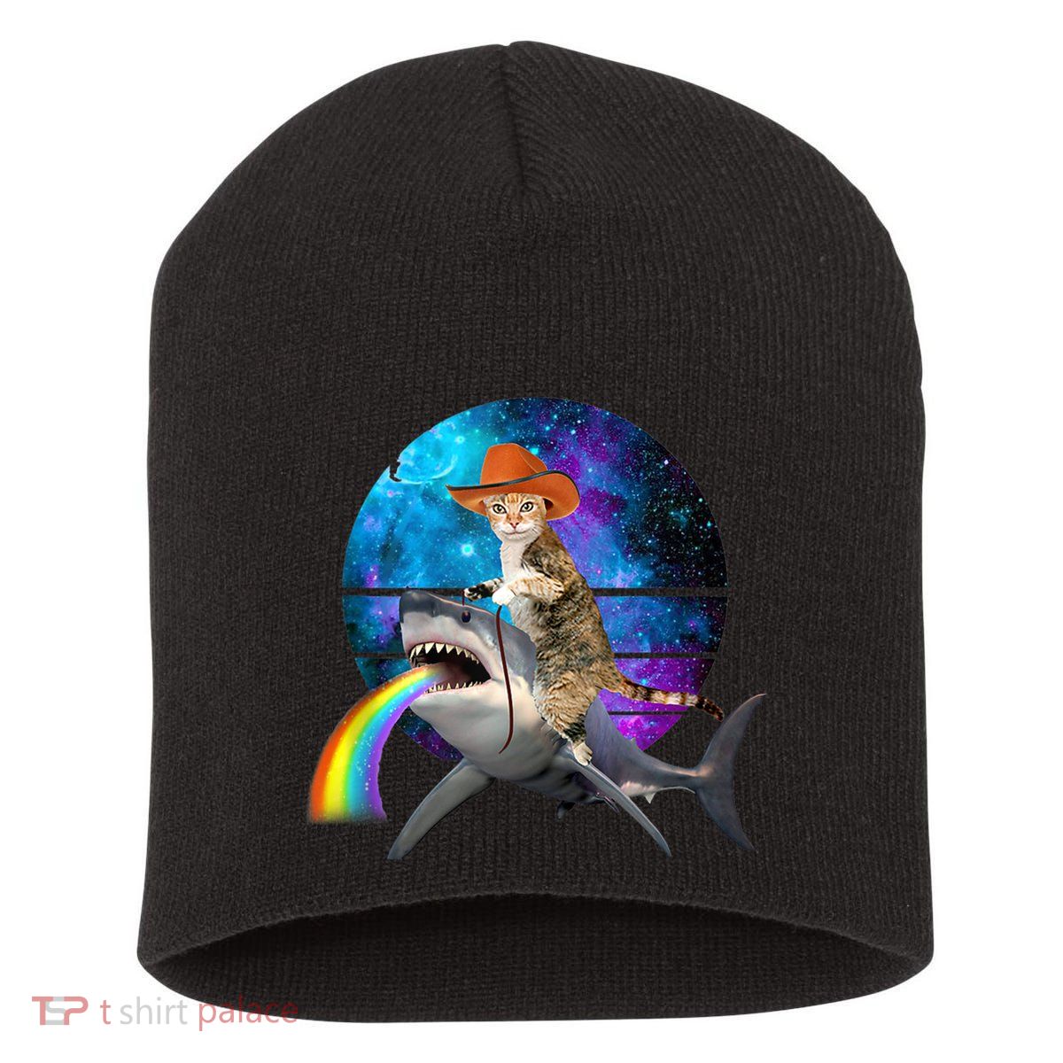 Funny Cat Riding Shark Puking Rainbow Galaxy Space Humor Pun Ank Op Short Acrylic Beanie