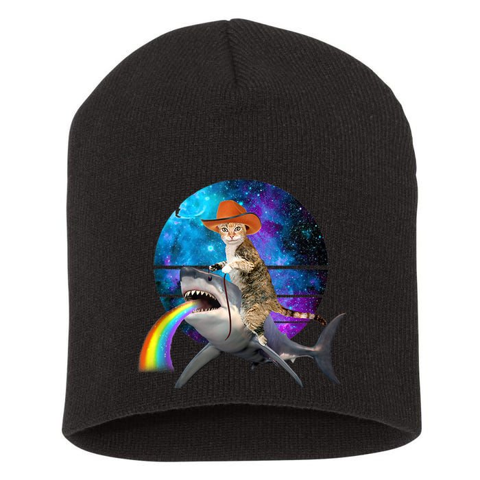 Funny Cat Riding Shark Puking Rainbow Galaxy Space Humor Pun Ank Op Short Acrylic Beanie