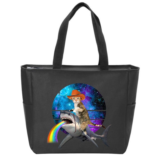 Funny Cat Riding Shark Puking Rainbow Galaxy Space Humor Pun Ank Op Zip Tote Bag