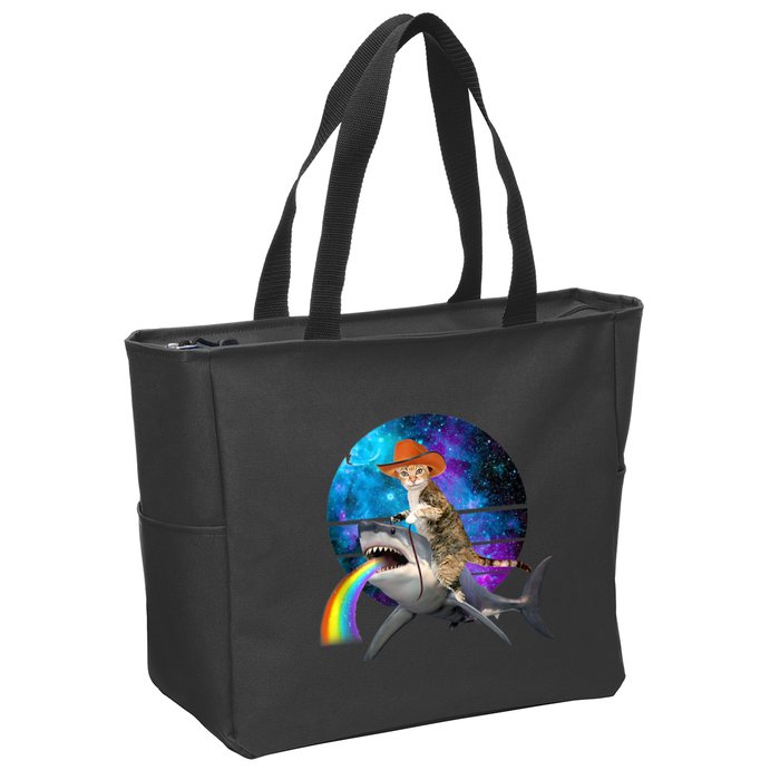 Funny Cat Riding Shark Puking Rainbow Galaxy Space Humor Pun Ank Op Zip Tote Bag