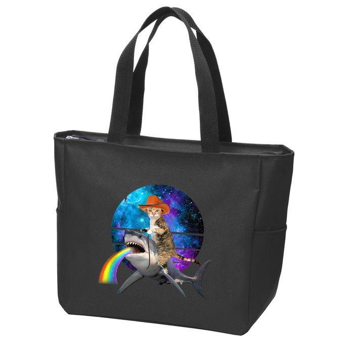 Funny Cat Riding Shark Puking Rainbow Galaxy Space Humor Pun Ank Op Zip Tote Bag