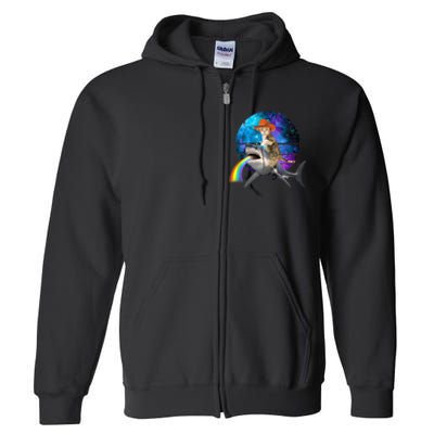 Funny Cat Riding Shark Puking Rainbow Galaxy Space Humor Pun Ank Op Full Zip Hoodie