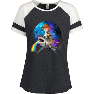 Funny Cat Riding Shark Puking Rainbow Galaxy Space Humor Pun Ank Op Enza Ladies Jersey Colorblock Tee