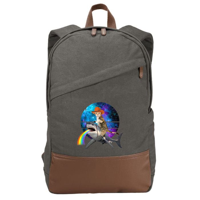 Funny Cat Riding Shark Puking Rainbow Galaxy Space Humor Pun Ank Op Cotton Canvas Backpack