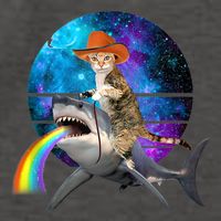 Funny Cat Riding Shark Puking Rainbow Galaxy Space Humor Pun Ank Op Vector Backpack