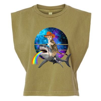 Funny Cat Riding Shark Puking Rainbow Galaxy Space Humor Pun Ank Op Garment-Dyed Women's Muscle Tee