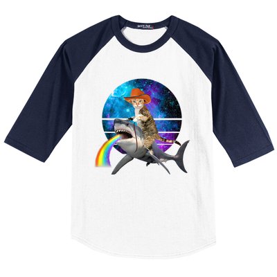 Funny Cat Riding Shark Puking Rainbow Galaxy Space Humor Pun Ank Op Baseball Sleeve Shirt