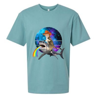 Funny Cat Riding Shark Puking Rainbow Galaxy Space Humor Pun Ank Op Sueded Cloud Jersey T-Shirt