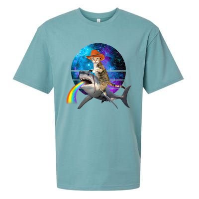 Funny Cat Riding Shark Puking Rainbow Galaxy Space Humor Pun Ank Op Sueded Cloud Jersey T-Shirt