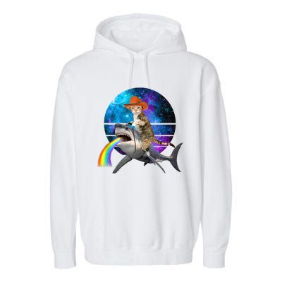 Funny Cat Riding Shark Puking Rainbow Galaxy Space Humor Pun Ank Op Garment-Dyed Fleece Hoodie