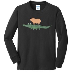 Funny Capybara Riding On A Crocodile Kids Long Sleeve Shirt