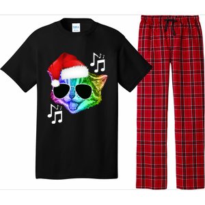 Funny Colorful Rainbow Dj Music Kitty Cat Santa Christmas Gift Pajama Set