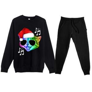 Funny Colorful Rainbow Dj Music Kitty Cat Santa Christmas Gift Premium Crewneck Sweatsuit Set