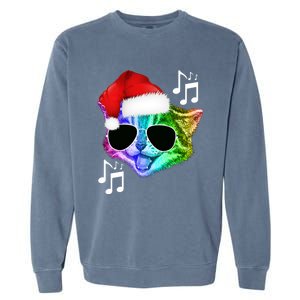 Funny Colorful Rainbow Dj Music Kitty Cat Santa Christmas Gift Garment-Dyed Sweatshirt