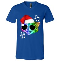 Funny Colorful Rainbow Dj Music Kitty Cat Santa Christmas Gift V-Neck T-Shirt