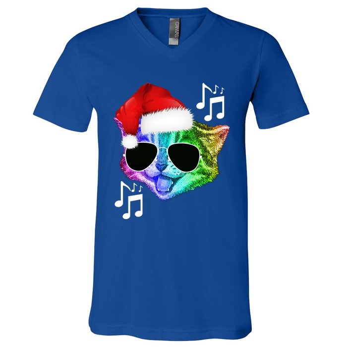 Funny Colorful Rainbow Dj Music Kitty Cat Santa Christmas Gift V-Neck T-Shirt