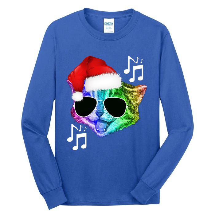 Funny Colorful Rainbow Dj Music Kitty Cat Santa Christmas Gift Tall Long Sleeve T-Shirt