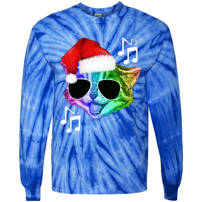 Funny Colorful Rainbow Dj Music Kitty Cat Santa Christmas Gift Tie-Dye Long Sleeve Shirt