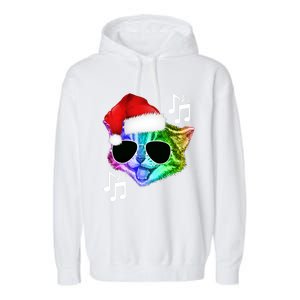 Funny Colorful Rainbow Dj Music Kitty Cat Santa Christmas Gift Garment-Dyed Fleece Hoodie