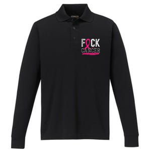 Fuck Cancer Retro Distressed Breast Cancer Awareness Month Performance Long Sleeve Polo