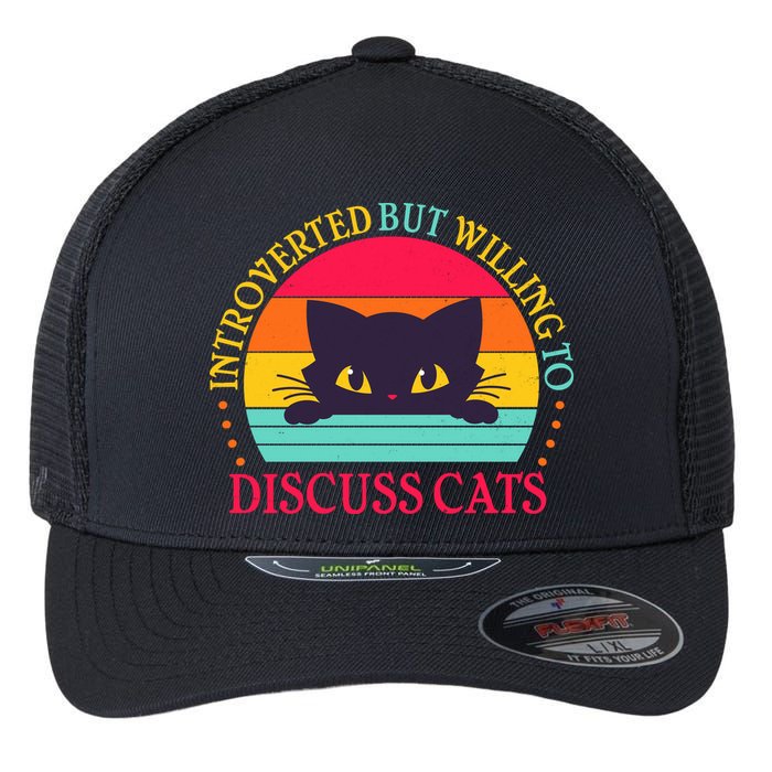 Funny Cute Retro Introverted But Willing To Discuss Cats Flexfit Unipanel Trucker Cap