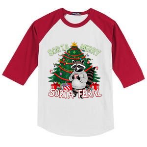 Funny Christmas Raccoon Sorta Merry Sorta Santa Feral Xmas Kids Colorblock Raglan Jersey