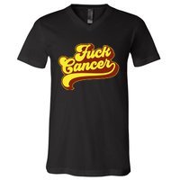 Fuck Cancer Retro 70s Gift For Cancer Survivor V-Neck T-Shirt