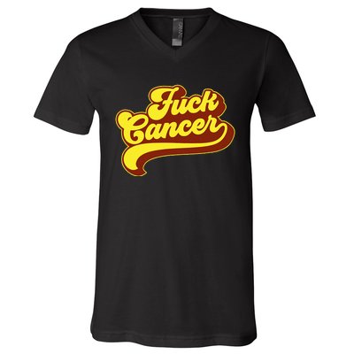 Fuck Cancer Retro 70s Gift For Cancer Survivor V-Neck T-Shirt