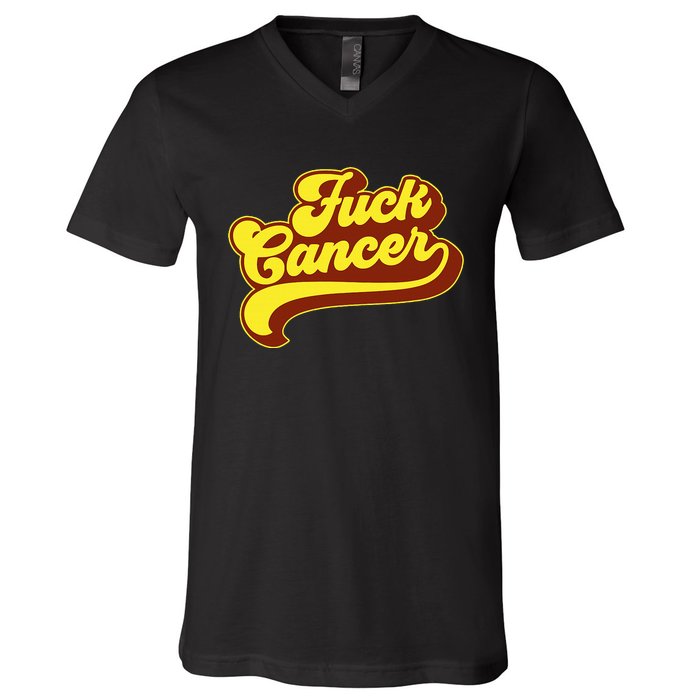 Fuck Cancer Retro 70s Gift For Cancer Survivor V-Neck T-Shirt