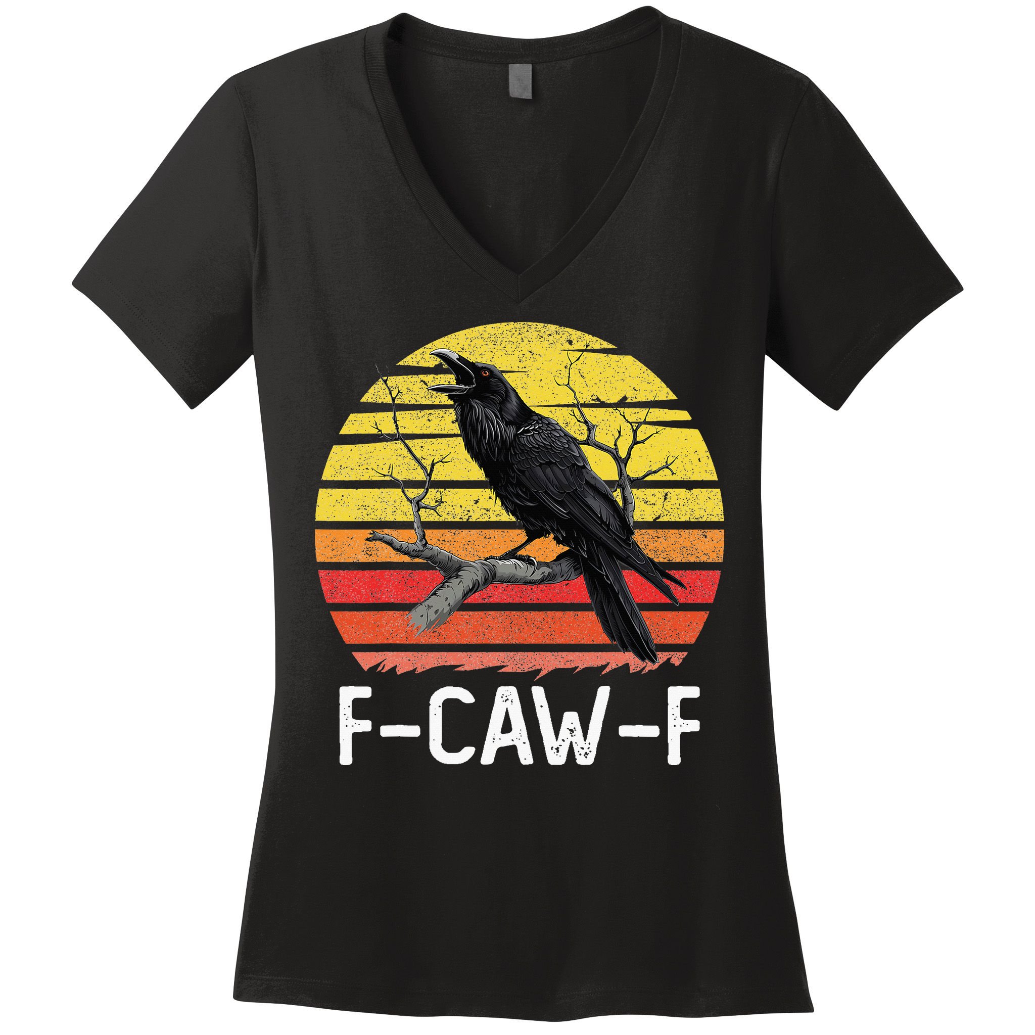 Funny Crow Retro Sunset Moonlit Raven Lovers F Caw F Women's V-Neck T-Shirt