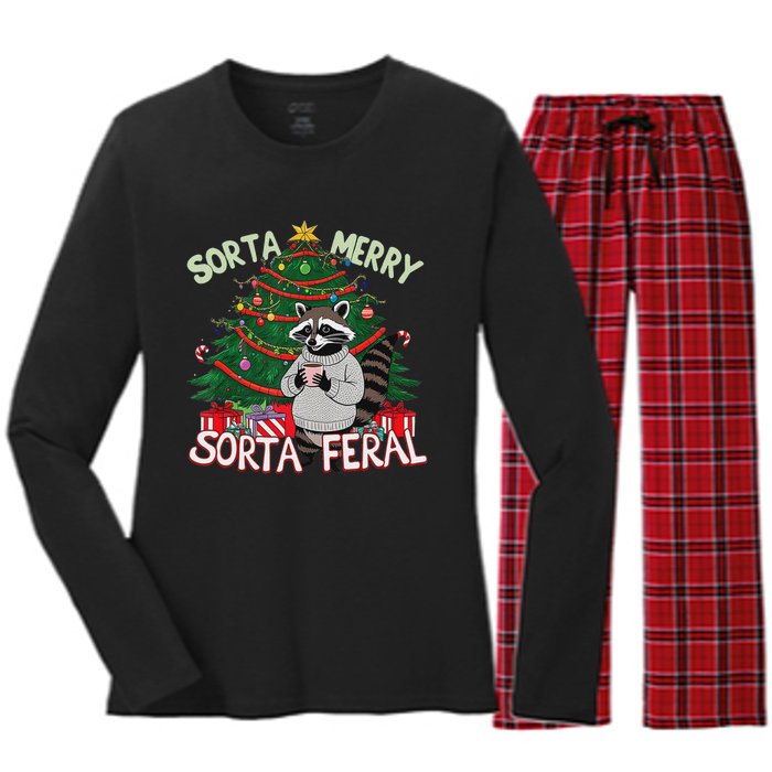 Funny Christmas Raccoon Sorta Merry Sorta Santa Feral Xmas Women's Long Sleeve Flannel Pajama Set 