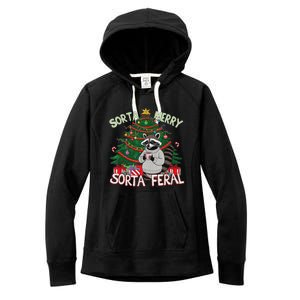 Funny Christmas Raccoon Sorta Merry Sorta Santa Feral Xmas Women's Fleece Hoodie