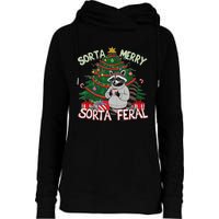 Funny Christmas Raccoon Sorta Merry Sorta Santa Feral Xmas Womens Funnel Neck Pullover Hood