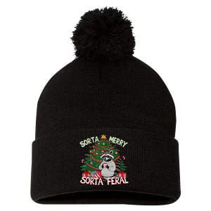 Funny Christmas Raccoon Sorta Merry Sorta Santa Feral Xmas Pom Pom 12in Knit Beanie