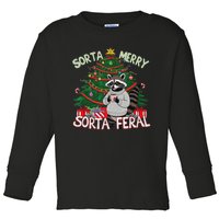 Funny Christmas Raccoon Sorta Merry Sorta Santa Feral Xmas Toddler Long Sleeve Shirt