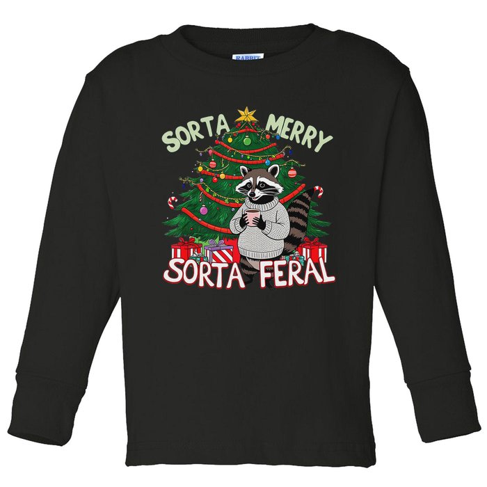 Funny Christmas Raccoon Sorta Merry Sorta Santa Feral Xmas Toddler Long Sleeve Shirt