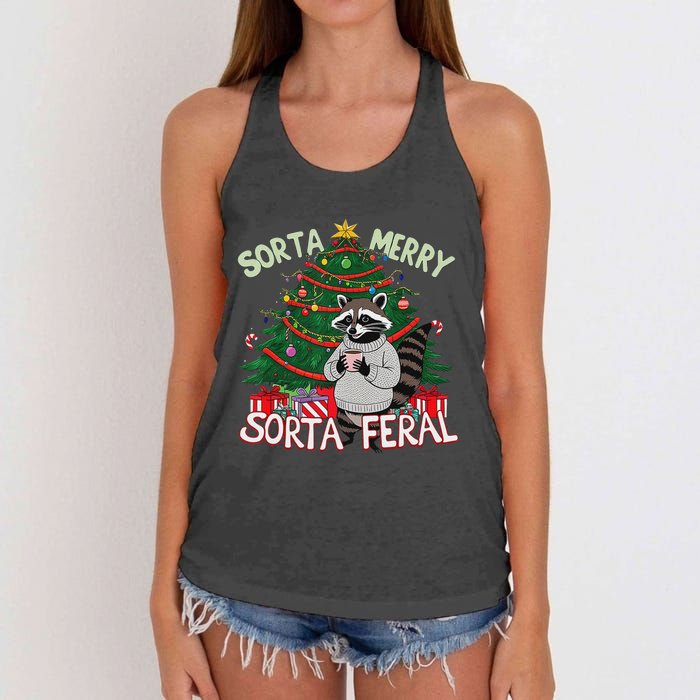 Funny Christmas Raccoon Sorta Merry Sorta Santa Feral Xmas Women's Knotted Racerback Tank