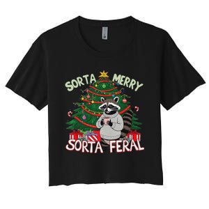 Funny Christmas Raccoon Sorta Merry Sorta Santa Feral Xmas Women's Crop Top Tee