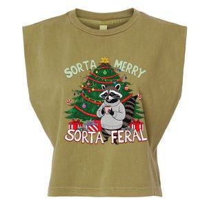 Funny Christmas Raccoon Sorta Merry Sorta Santa Feral Xmas Garment-Dyed Women's Muscle Tee