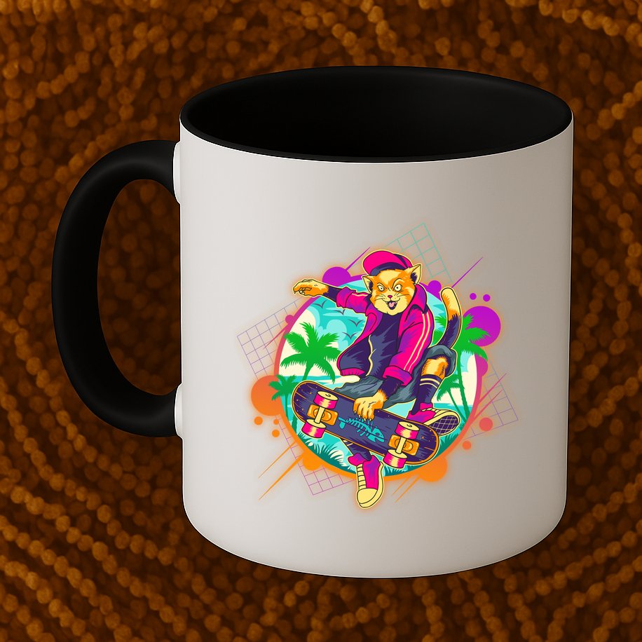 Funny Cool Retro 80s Skatebording Cat Mug
