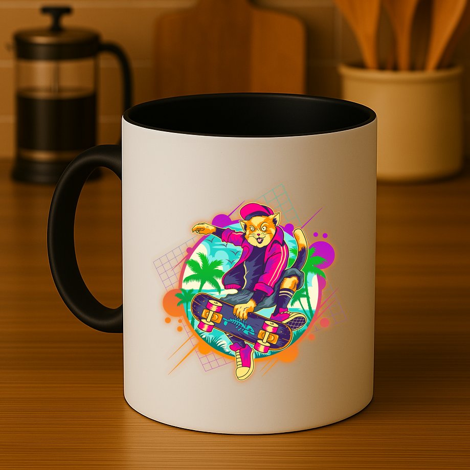 Funny Cool Retro 80s Skatebording Cat Mug