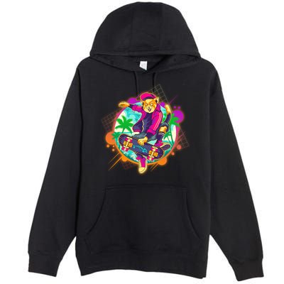 Funny Cool Retro 80s Skatebording Cat Premium Pullover Hoodie