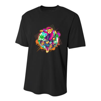 Funny Cool Retro 80s Skatebording Cat Youth Performance Sprint T-Shirt