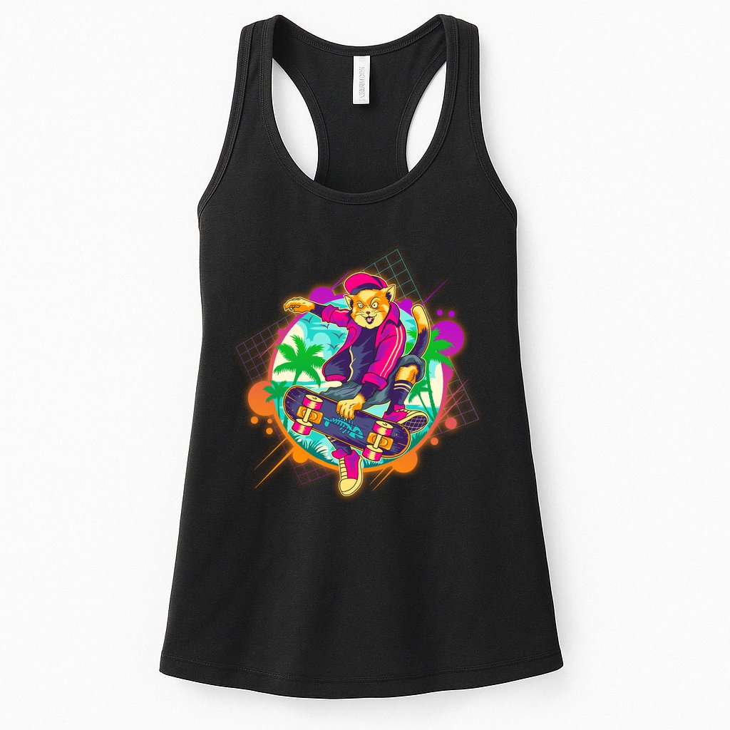 Funny Cool Retro 80s Skatebording Cat Womens Tank Top