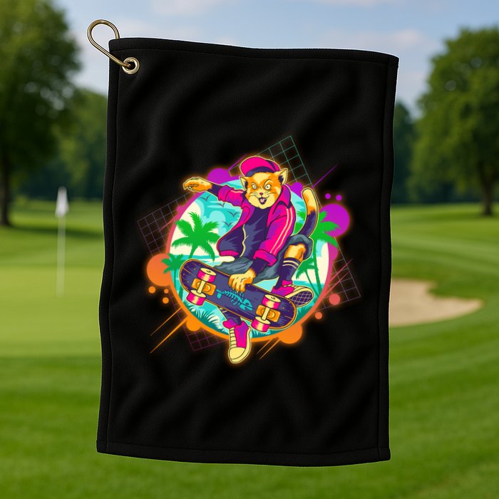 Funny Cool Retro 80s Skatebording Cat Golf Towel